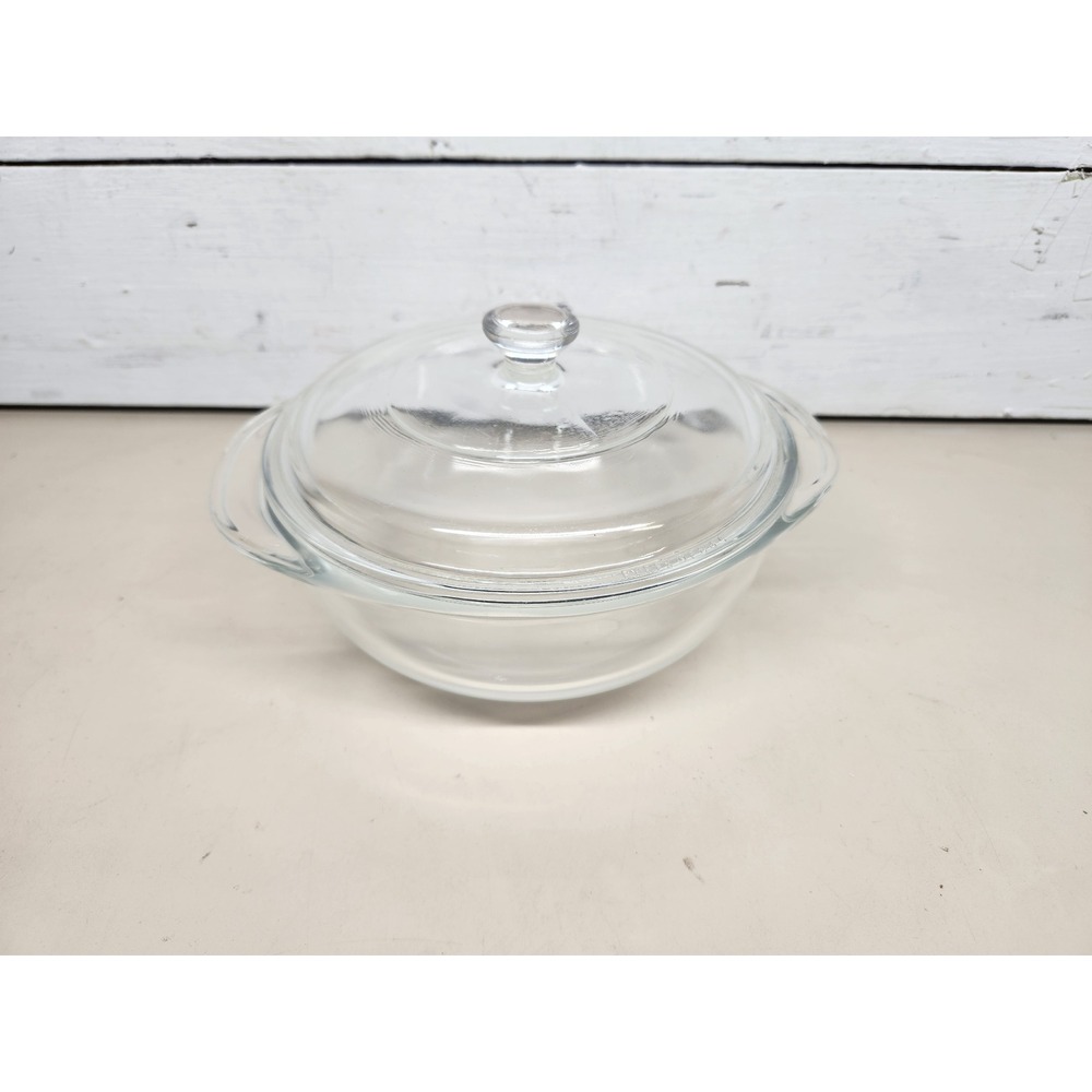 Vtg Pyrex 022 Round Casserole Dish w Lid Clear Glass 1 Quart USA Corning NY Good